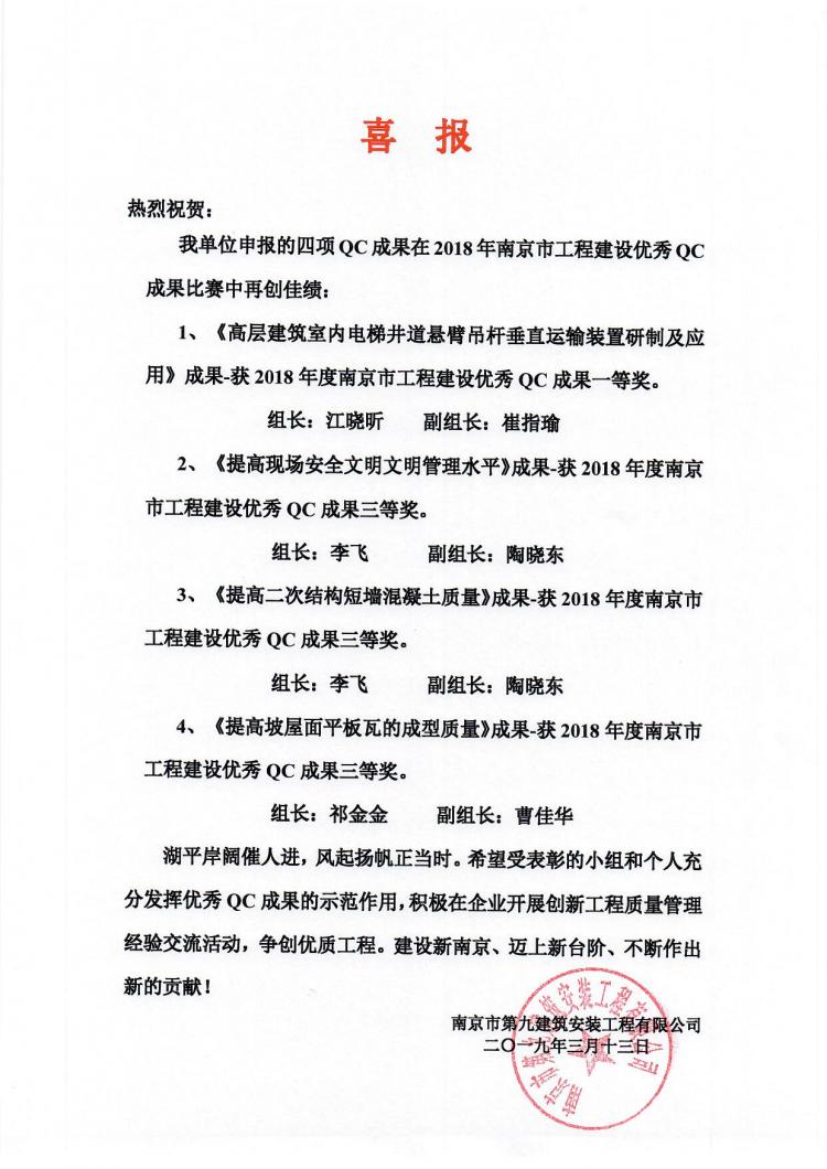 喜報(bào)-我單位申報(bào)的QC成果在南京市優(yōu)秀QC成果交流中喜獲佳績-第1張圖片-南京九建